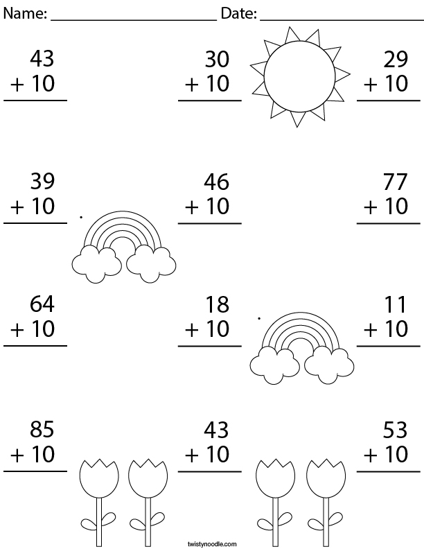 Add 10 To Each Number Math Worksheet Twisty Noodle